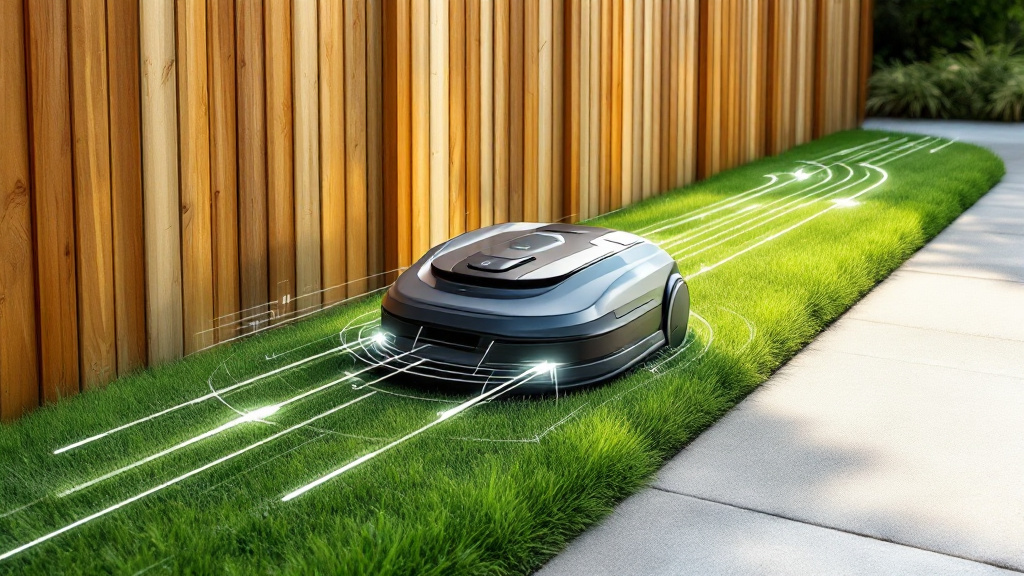 Robotic mower trimming along a fence and walkway with visible mowing lines and a route overlay indicating edge passes and coverage lanes.