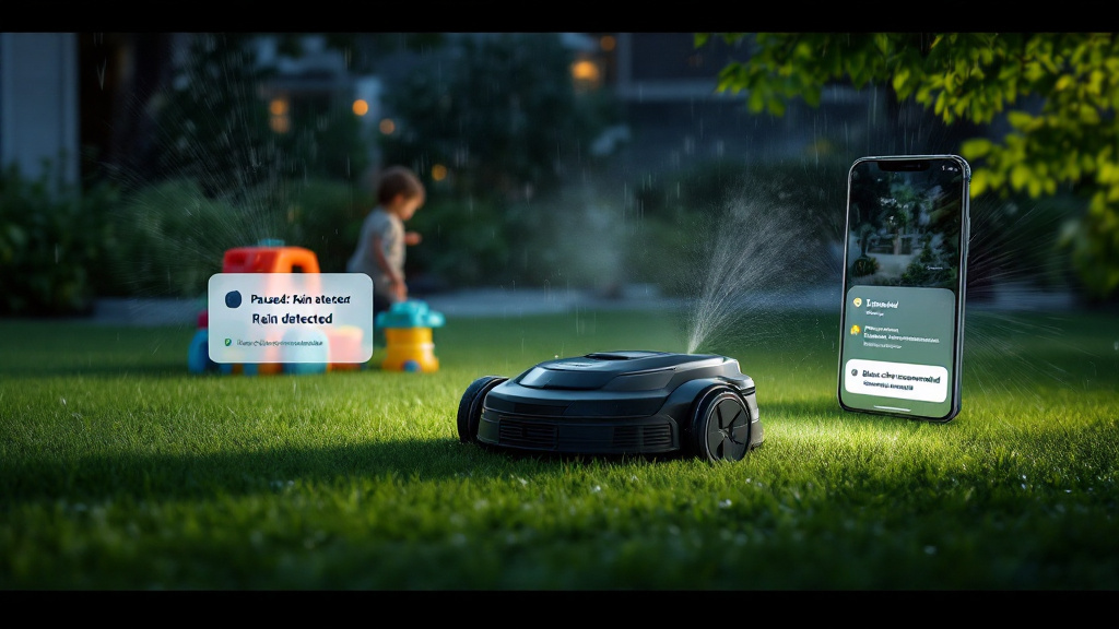 Robotic mower avoiding a toy and sprinkler while a phone shows alerts about rain pause and a blade check recommendation.