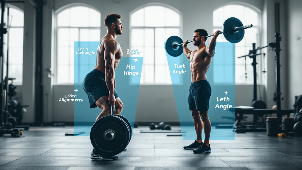 Two athletes lifting in a gym with visual overlays highlighting torso angle, hip hinge, and shoulder alignment to illustrate movement-quality signals.