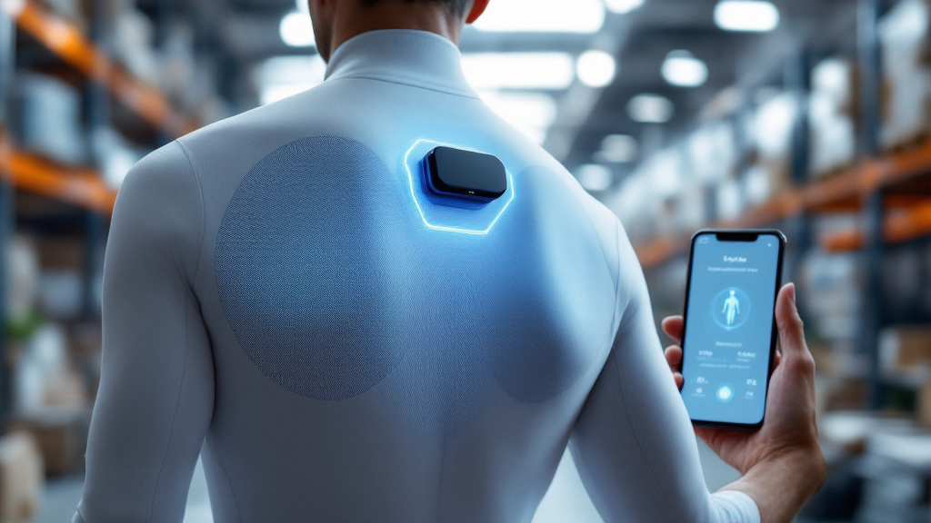 A person wearing a smart undershirt with a removable sensor pod while holding a phone showing a posture calibration screen; stitched sensor lines are visible on the upper back.