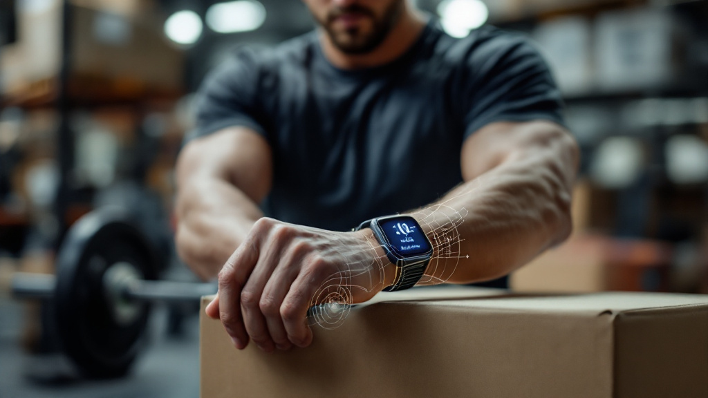 A worker lifting a box while wearing a smartwatch; visual overlays emphasize spine, hips, and shoulders to show form details the wrist alone can’t capture.