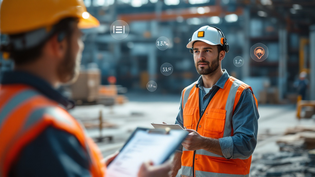 Supervisor with a checklist observing a field technician wearing a cap with audio features, illustrating safety metrics like glance and touch counts.
