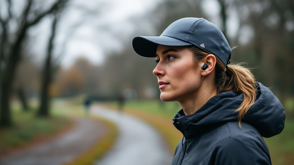 Runner wearing a cap with a small brim speaker, looking ahead while receiving an audio navigation prompt on a park path.