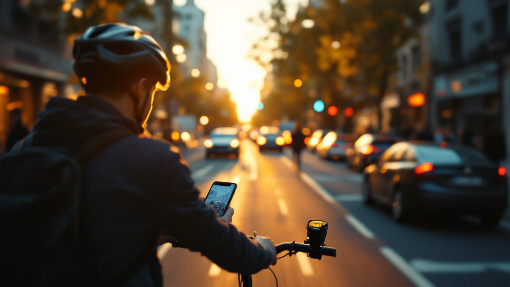 Cyclist in a city bike lane glancing down at a phone near an intersection with cars and pedestrians nearby.