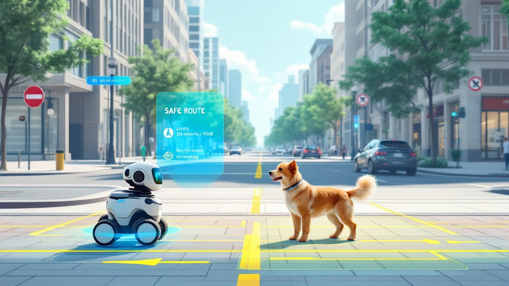 A dog-walking robot follows a highlighted geofenced route while detecting a cyclist and a nearby construction barrier.