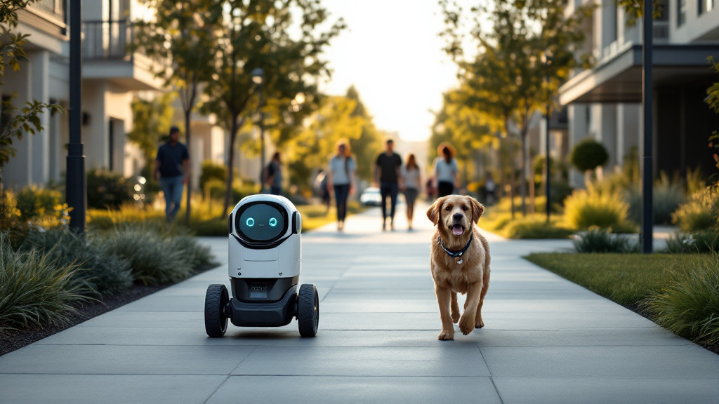 A connected mobile robot accompanies a dog along a wide, well-maintained urban sidewalk near marked crossings and bike lanes.