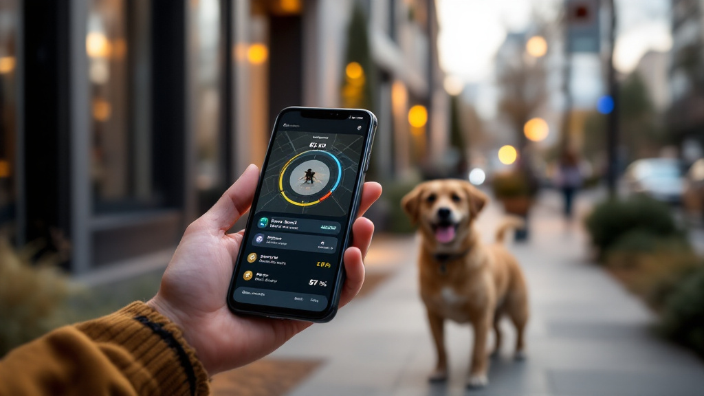 A dog owner monitors a robot-guided walk on a smartphone while the dog travels safely along a residential sidewalk.