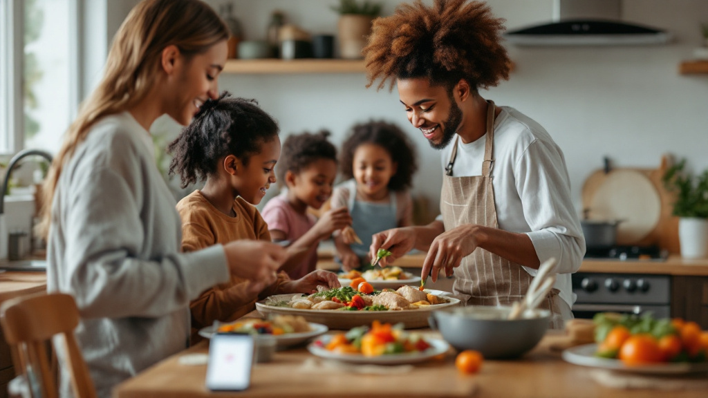 Family meal being plated in a modern kitchen with connected cooking appliances and a discreet cooking status display nearby.