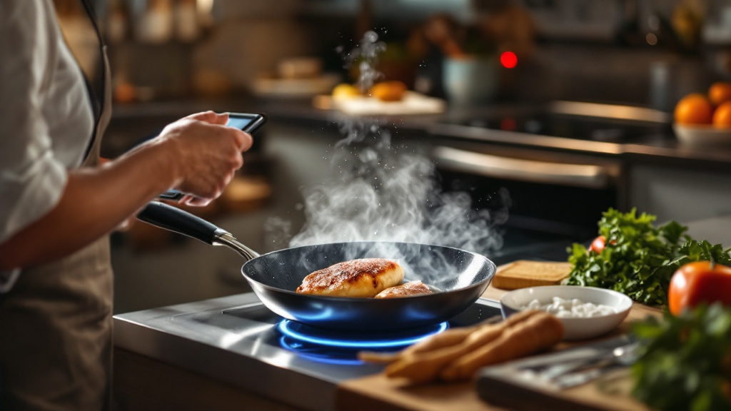 Home cook using a connected skillet while a nearby display provides temperature feedback and an adaptive cooking instruction.