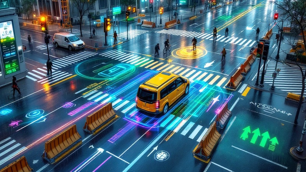 Autonomous vehicle assessing a rainy intersection with cyclists, construction barriers, traffic signals, and sensor overlays.