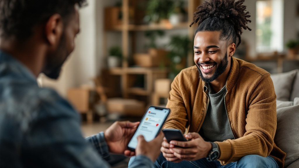 A buyer and seller use a smartphone to confirm a scheduled pickup, price, and location for a piece of furniture.