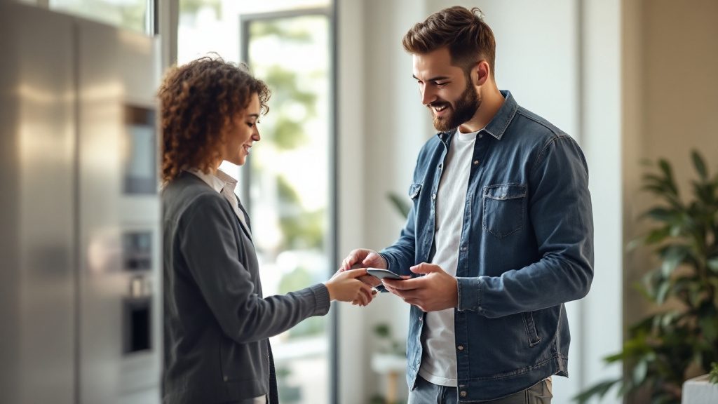 A buyer inspects a household appliance while the seller confirms the completed transaction on a smartphone in a bright shared lobby.