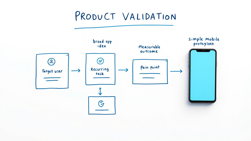 Diagram showing a broad app concept narrowed into a target user, recurring task, pain point, and measurable outcome.