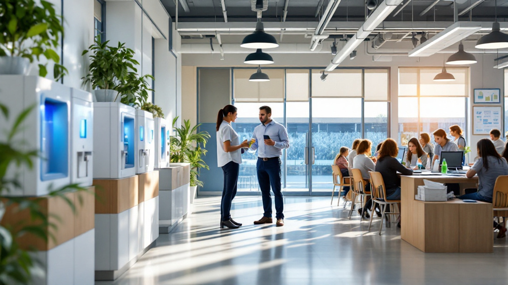 People using modern connected water dispensers while a facilities professional monitors the shared hydration area.