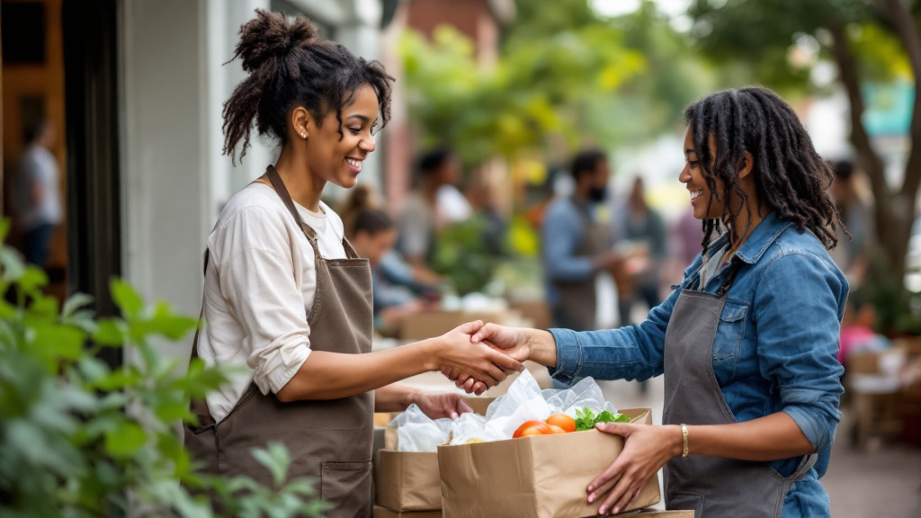 Nonprofit worker and recipient confirming a completed food rescue handoff outside a community center.