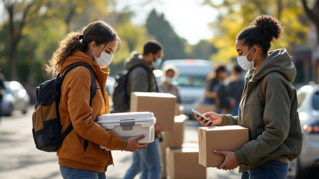 Volunteers carrying insulated food containers while coordinating a pickup using a map and smartphone.