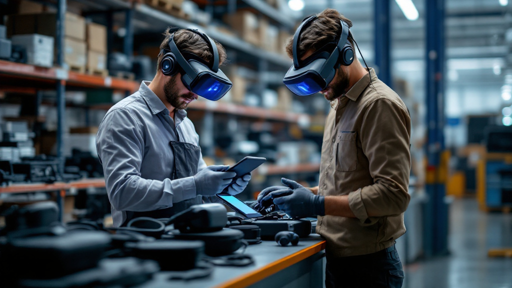 Technician inspecting VR headsets and accessories at an organized commercial repair and inventory station.