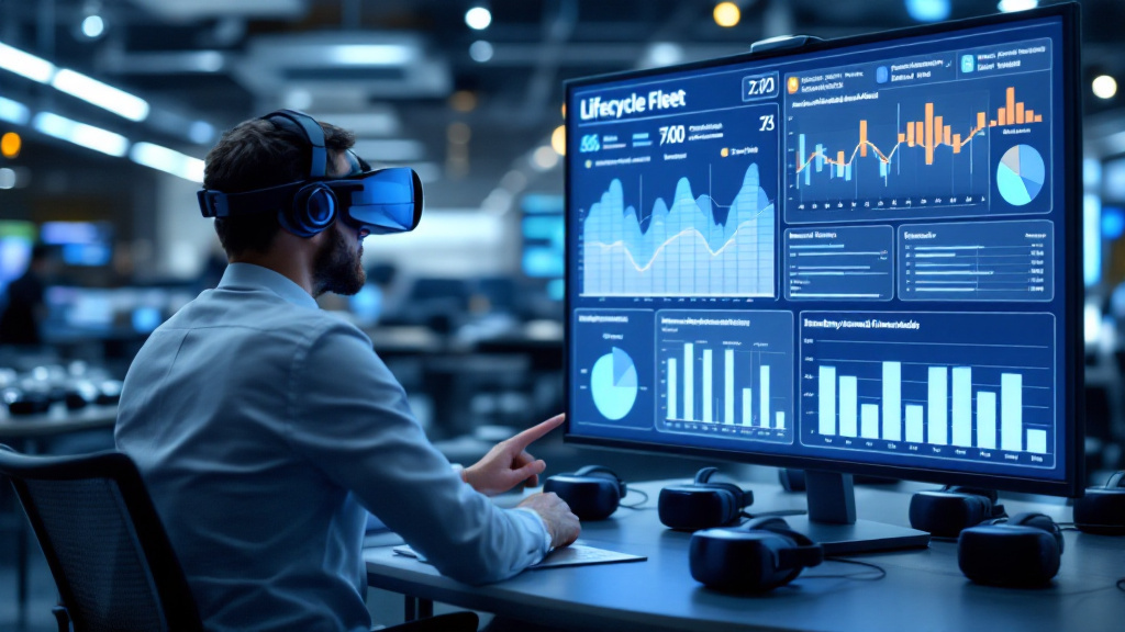 Manager reviewing VR headset lifecycle and replacement forecasts on a dashboard in a fleet operations office.