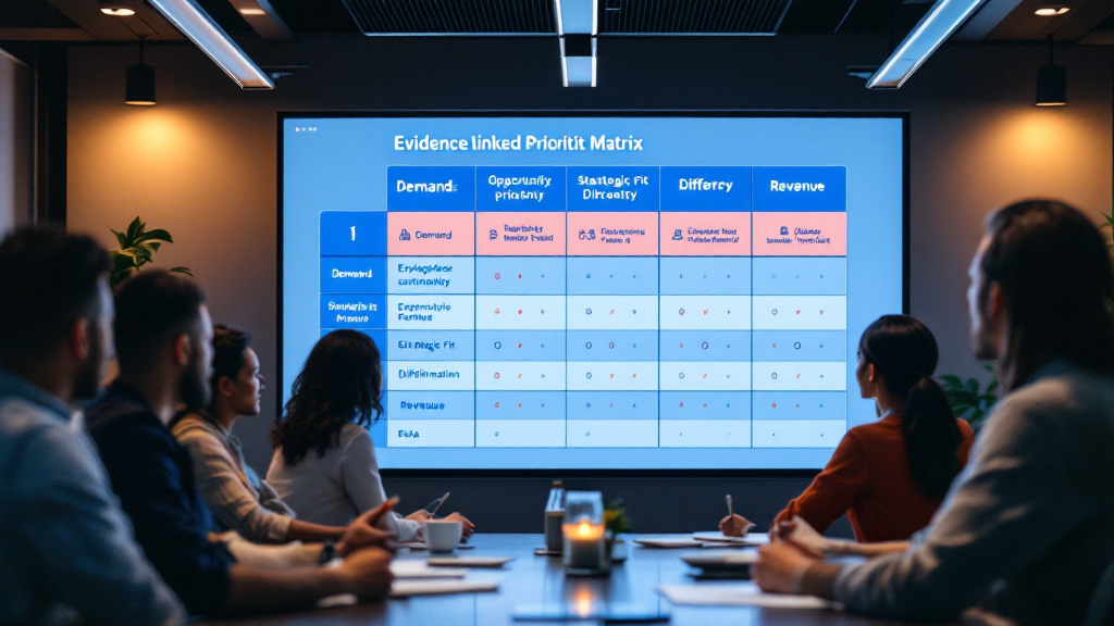Product leaders reviewing a prioritized opportunity matrix with evidence and scoring criteria during a roadmap meeting.