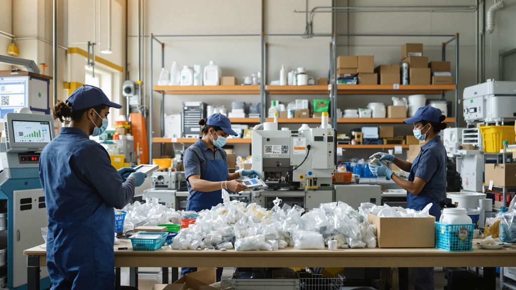 Workers weigh and process sorted plastic in a small recycling workshop with digital records and finished goods on shelves.