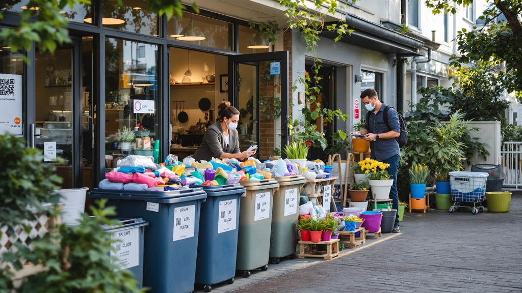 Community members sorting labeled plastic packaging at a café beside finished recycled plastic planters and storage products.