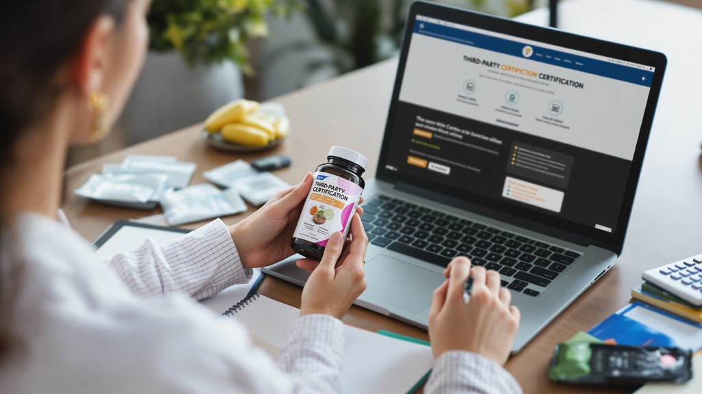 Shopper checking third-party testing information online while comparing an unbranded supplement bottle with notes.