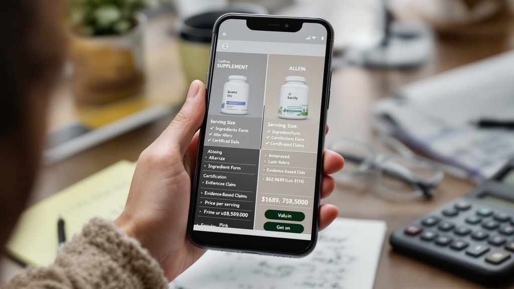 Mobile comparison screen showing two supplements with serving sizes, ingredients, certifications, allergens, and prices.