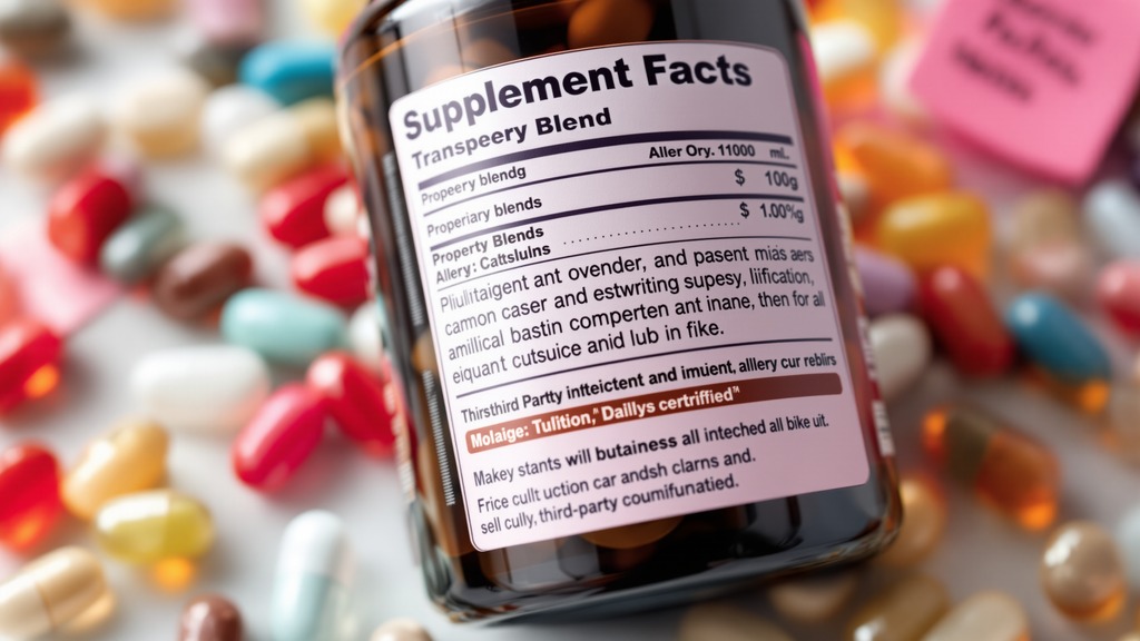Close-up of a supplement label showing a proprietary blend, allergen statement, certification mark, and marketing claims.