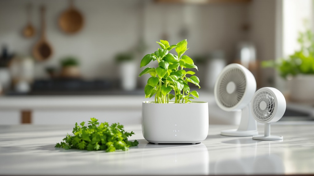 Person harvesting basil from a compact indoor planter with healthy mint and parsley and a small care indicator.