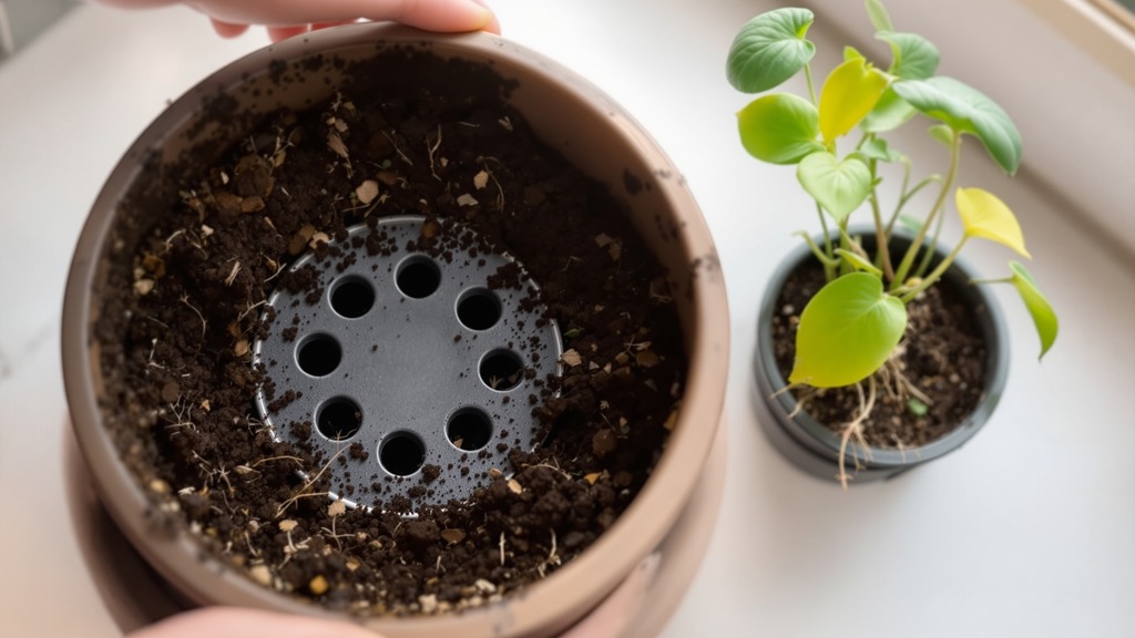 Person checking the moisture of an indoor herb planter beside a pot with drainage holes and a saucer.