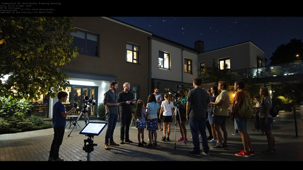 A diverse group of adults and children learning astronomy beside smart and traditional telescopes under a starry sky.