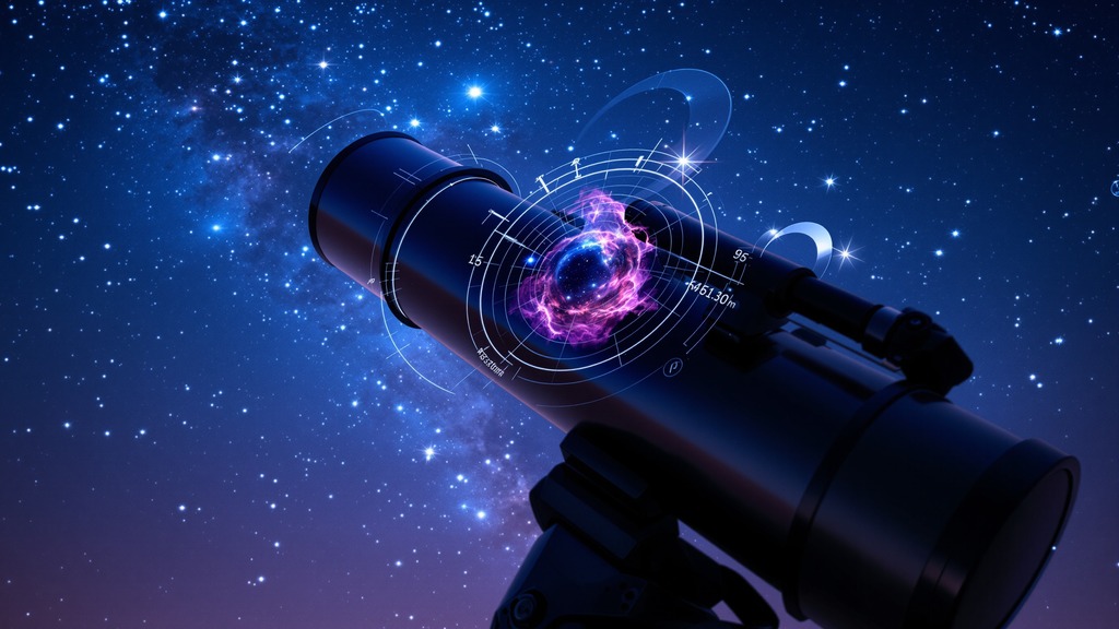 Close-up of a smart telescope beside a phone displaying star alignment, object recognition, tracking, and an enhanced nebula image.