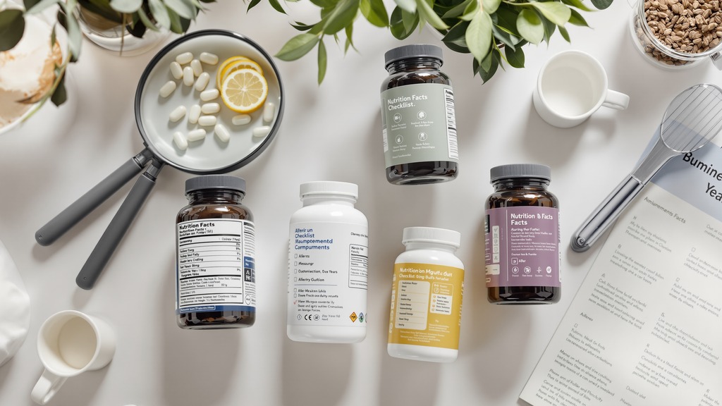Supplement containers and a checklist highlighting serving size, ingredients, allergens, and sweeteners on product labels.