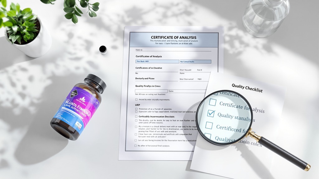 A supplement bottle beside a certificate of analysis and quality checklist, illustrating how consumers can evaluate testing evidence.