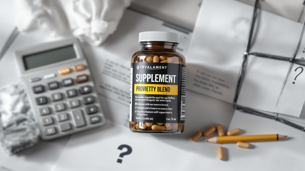 A supplement label with a proprietary blend beside research papers and a calculator, representing careful evaluation of marketing claims.