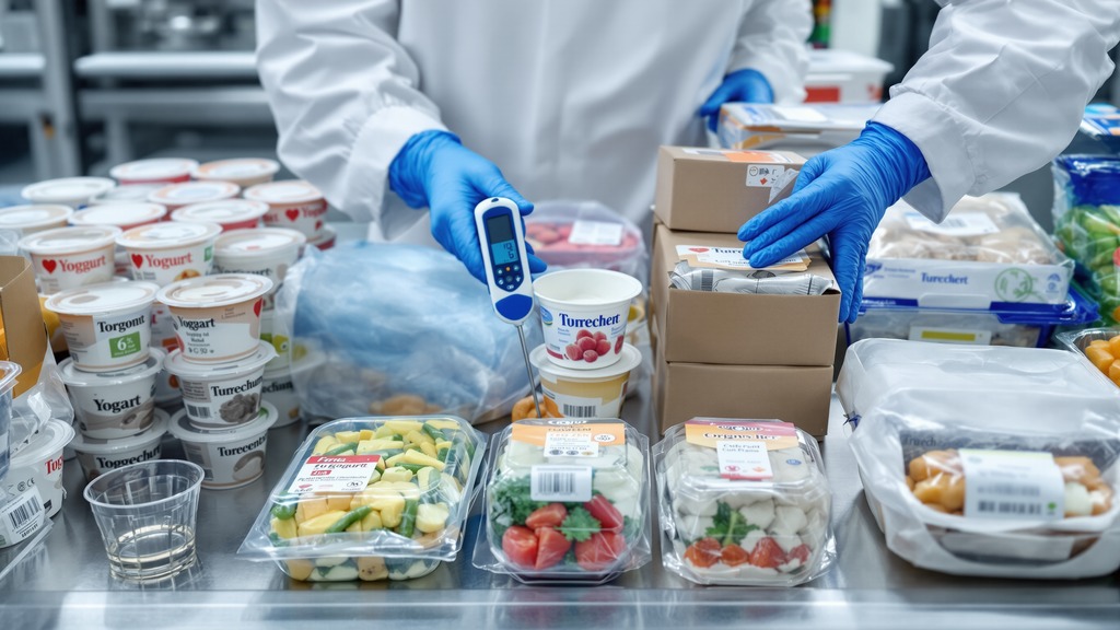 Gloved worker checking the temperature and intact packaging of refrigerated and frozen surplus food.