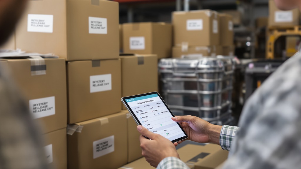 Fulfillment staff reviewing safety records and customer instructions for labeled surplus grocery boxes.