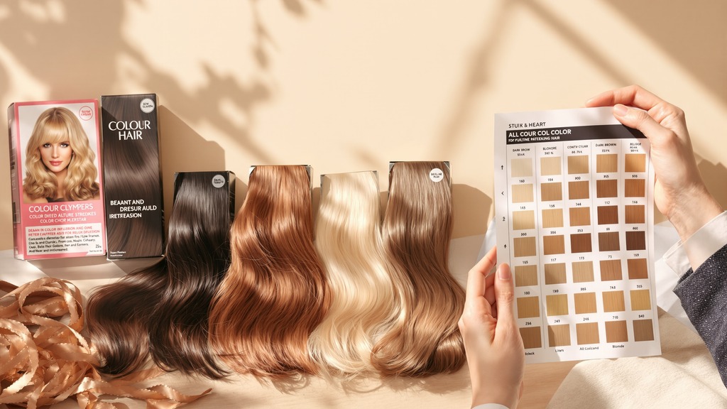 Hair-color boxes and shade swatches arranged beside a starting-color comparison chart.