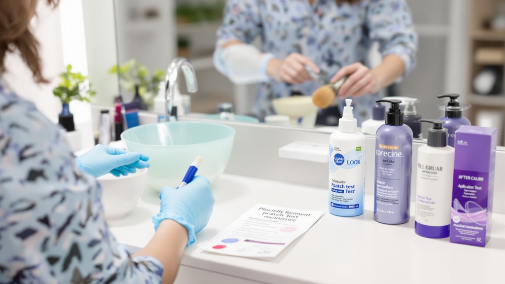 At-home hair-color supplies arranged with gloves, instructions, a strand-test sample, and aftercare products.
