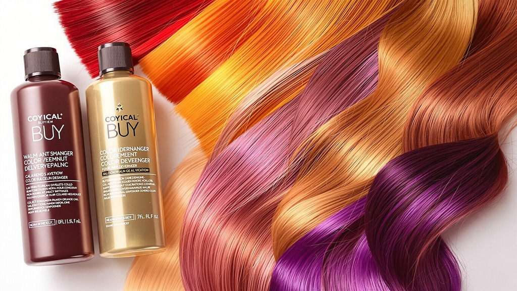 Hair swatches in warm and cool undertones displayed beside developer bottles for comparison.