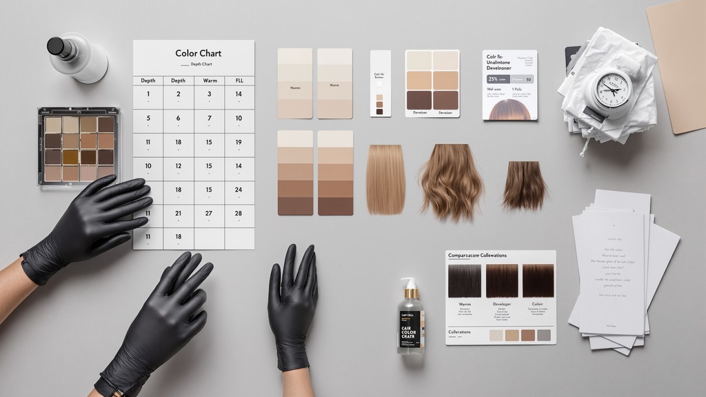 Hair color consultation tools showing a level chart, warm and cool swatches, developer, gloves, and comparison cards