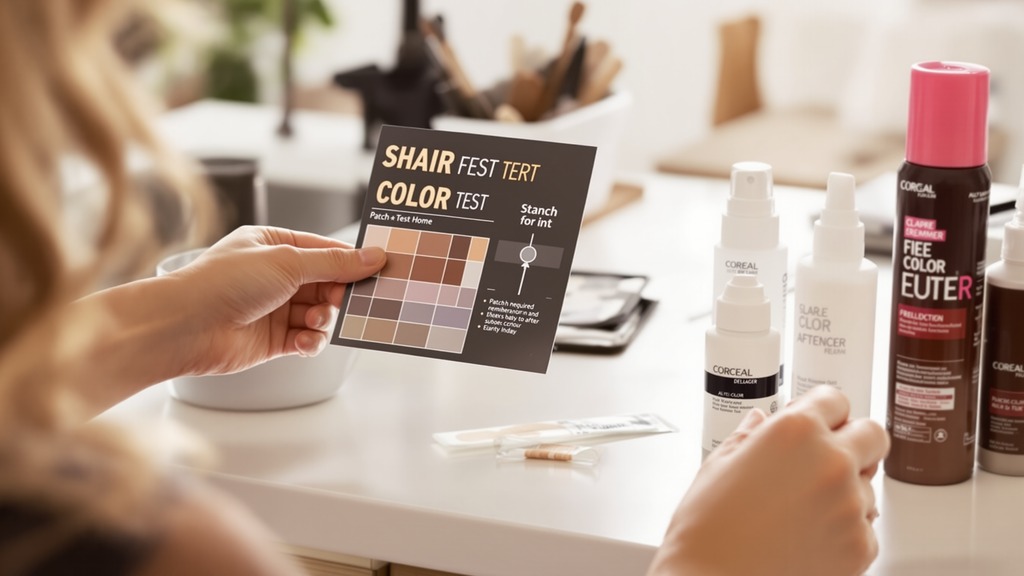 Shopper reviewing hair color comparison information beside gloves, developer, a strand-test sample, and aftercare products