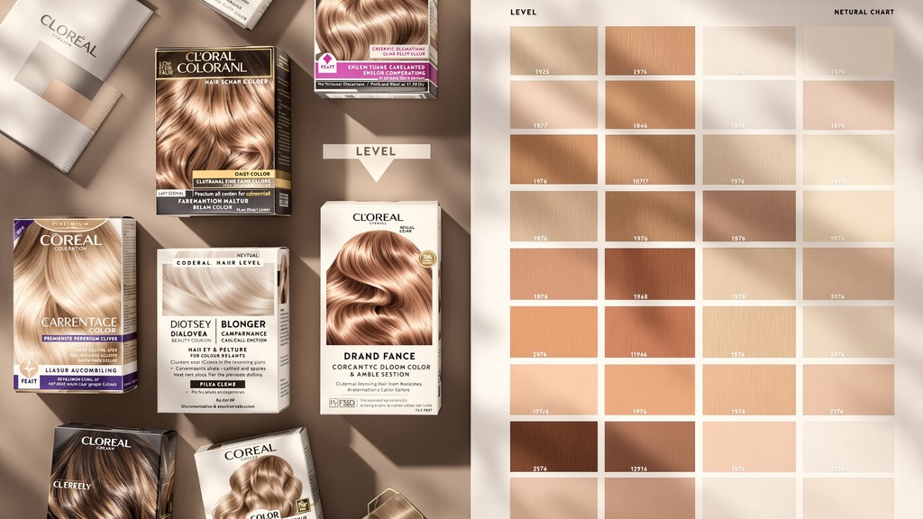 Hair-color boxes from different brands displayed beside neutral shade swatches and a level chart