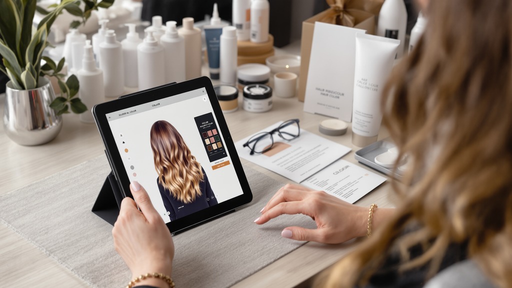 Shopper using a tablet-based hair color guide beside a personalized color kit and instruction card
